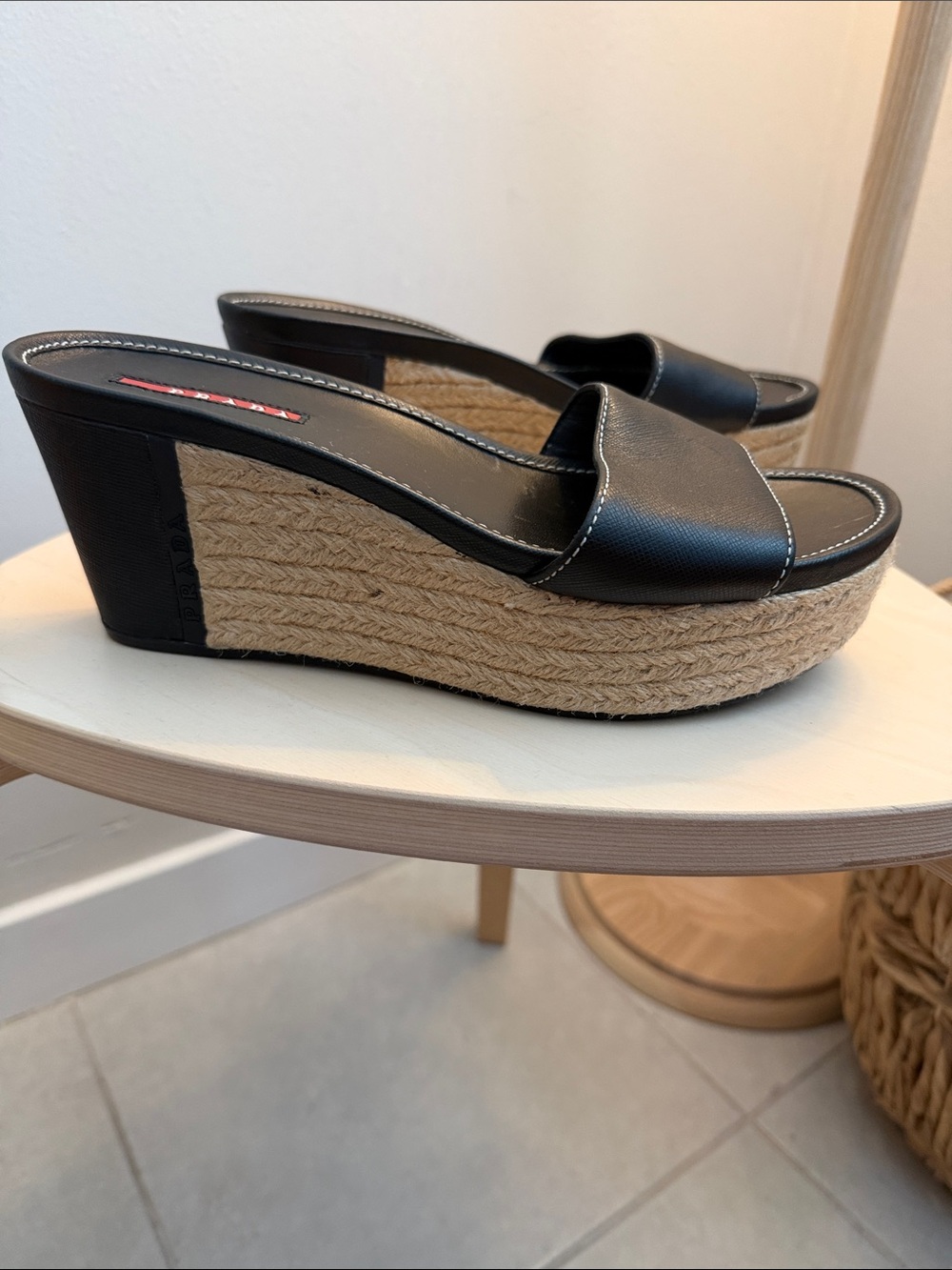 Prada Black Leather Espadrille Wedge Slides